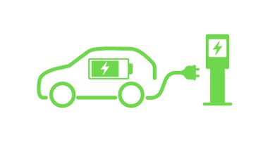 Fişi takılı elektrikli araç simgesi. Temiz yeşil enerji kavramı. Vektör illüstrasyonu.