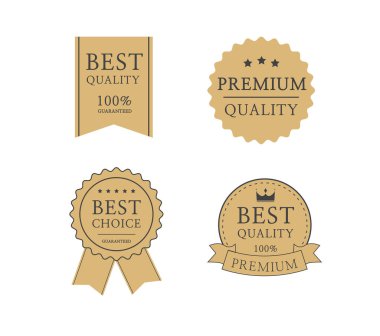 Kaliteli rozet. Premium sertifika kartı. En çok satan etiketi. Altın etiket işareti, mühür, damga, çıkartma. % 100 kalite garantili rozet. Vektör illüstrasyonu
