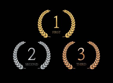 Birinci, ikinci, üçüncü. Ödüller için amblemler. Altın, gümüş, bronz Laurel çelenkleri. Vektör illüstrasyonu