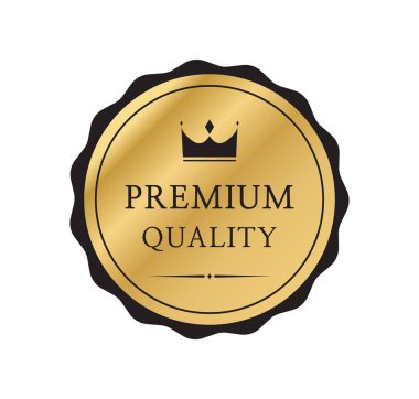 Kaliteli rozet ya da etiket. Altın vektör madalyası beyaz arka planda izole edilmiş. Vektör illüstrasyonu