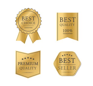 Beyaz arka planda izole edilmiş altın etiketleri. Kurdele satışı afişleri. Kaliteli rozet. Vektör illüstrasyonu
