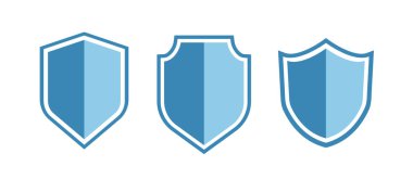 Kalkan simgesi ayarlandı. Beyaz arka planda koruma ve güvenlik simgesi. Güvenlik ve savunma kavramı. Zırh simgesi. Vektör illüstrasyonu