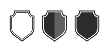 Kalkan simgesi ayarlandı. Beyaz arka planda koruma ve güvenlik simgesi. Güvenlik ve savunma kavramı. Zırh simgesi. Vektör illüstrasyonu