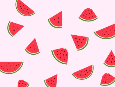 Yaz arkaplanı için karpuz deseni. Karpuz yarısı ve dilimlenmiş. Vektör illüstrasyonu