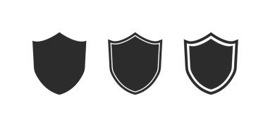 Kalkan simgesi ayarlandı. Beyaz arka planda koruma ve güvenlik simgesi. Güvenlik ve savunma kavramı. Zırh simgesi. Vektör illüstrasyonu