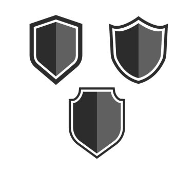 Kalkan simgesi ayarlandı. Beyaz arka planda koruma ve güvenlik simgesi. Güvenlik ve savunma kavramı. Zırh simgesi. Vektör illüstrasyonu