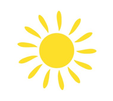 Beyaz arkaplanda güneş simgesi izole edildi. Gün ışığı, günbatımı. Güneş simgesi. Dekoratif çember tamamlandı. Vektör illüstrasyonu