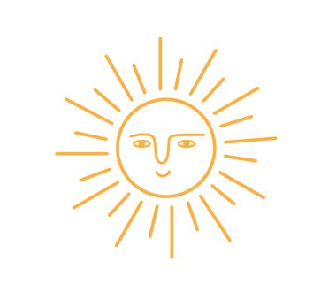 Beyaz arkaplanda izole edilmiş güneş gülümseme simgesi. Sevimli güneşler. Günışığı emojisi. Vektör illüstrasyonu.