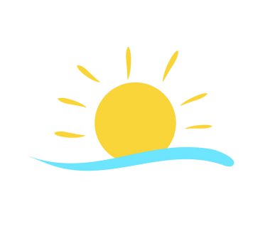 Güneş simgesi. Gün batımında deniz suyu okyanusu. Güneş simgesi. Dekoratif çember tamamlandı. Vektör illüstrasyonu