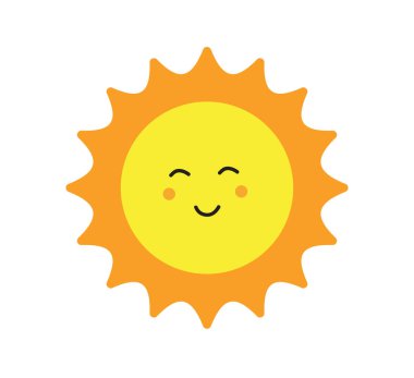 Güneş gülüşü ikonu. Mutlu gülümseyen güneş. Sevimli güneş. Günışığı emojisi. Komik duygu. Vektör illüstrasyonu
