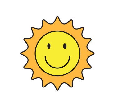 Güneş gülüşü ikonu. Mutlu gülümseyen güneş. Sevimli güneş. Günışığı emojisi. Komik duygu. Vektör illüstrasyonu