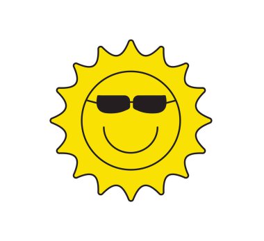 Güneş gözlüğü takıyor. Güneş ikonu. Güneş simgesi. Sevimli güneş. Vektör illüstrasyonu