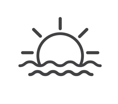 Gün doğumu ve günbatımı ikonu. Deniz ya da okyanus ikonu üzerinde güneş. Güneş simgesi. Yaz Denizi Trave konsepti. Vektör illüstrasyonu