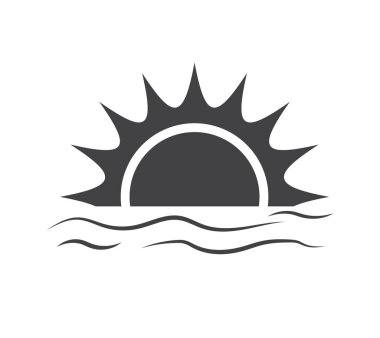 Gün doğumu ve günbatımı ikonu. Deniz ya da okyanus ikonu üzerinde güneş. Güneş simgesi. Yaz Denizi Trave konsepti. Vektör illüstrasyonu