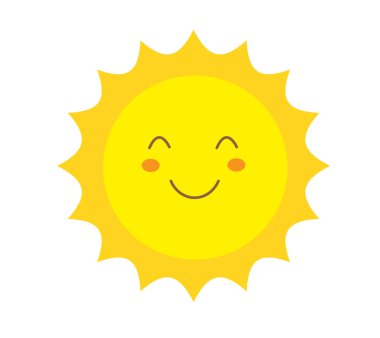Beyaz arka planda izole edilmiş güneş gülüşü. Mutlu gülümseyen güneş. Sevimli güneş. Günışığı emojisi. Komik duygu. Vektör illüstrasyonu
