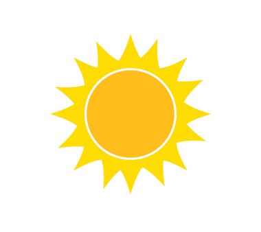 Beyaz arkaplanda güneş simgesi izole edildi. Gün ışığı, günbatımı. Güneş simgesi. Vektör illüstrasyonu