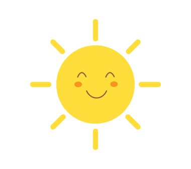 Beyaz arka planda izole edilmiş güneş gülüşü. Mutlu gülümseyen güneş. Sevimli güneş. Günışığı emojisi. Komik duygu. Vektör illüstrasyonu