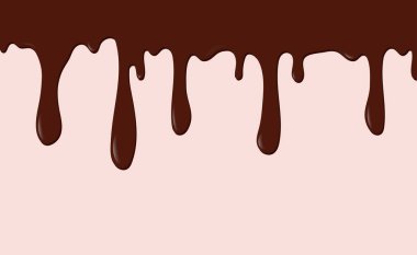 Erimiş çikolata damlıyor. Damlayan sıvı pankart. Beyaz arka planda izole çikolata akışı. Dökülmüş sıvı, sızıntı, sıçrayan kakao. Vektör illüstrasyonu.