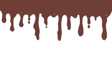 Erimiş çikolata damlıyor. Damlayan sıvı pankart. Beyaz arka planda izole çikolata akışı. Dökülmüş sıvı, sızıntı, sıçrayan kakao. Vektör illüstrasyonu.