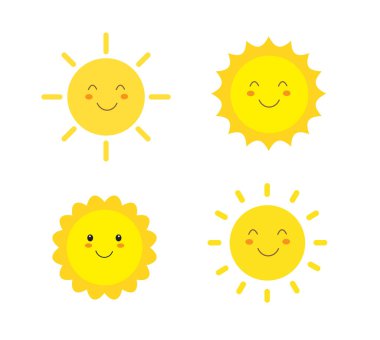 Güneş gülüşü ikonu. Mutlu gülümseyen güneş. Sevimli güneş. Günışığı emojisi. Komik duygu. Vektör illüstrasyonu