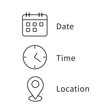 Tarih, saat, konum simgesi. Saat, takvim, konum simgesi. Web simgesi seti. Vektör illüstrasyonu