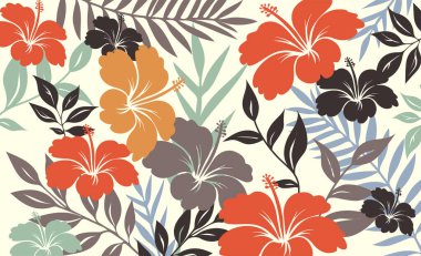 Hawaii Kusursuz Düzen. Hibiscus çiçekleri ve Destern 'i bırakıyor. Hawaii Aloha Gömleği. Kumaş ve tekstil için tasarım