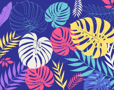 Tropik yapraklar arka planda. Elle çizilmiş yapraklar. Canavar yaprakları. Kumaş, tekstil, giysi, gömlek tasarımı.