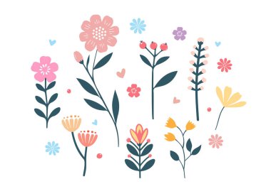 El çizimi çiçek. Tatlı bahar çiçekleri ve yaprakları. Çiçek ve botanik öğeleri. Yaprak dalı.