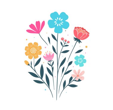 El çizimi çiçek. Tatlı bahar çiçekleri ve yaprakları. Çiçek ve botanik öğeleri. Yaprak dalı.