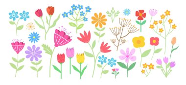 El çizimi çiçek. Tatlı bahar çiçekleri ve yaprakları. Çiçek ve botanik öğeleri. Yaprak dalı.