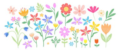 El çizimi çiçek. Tatlı bahar çiçekleri ve yaprakları. Çiçek ve botanik öğeleri. Yaprak dalı.