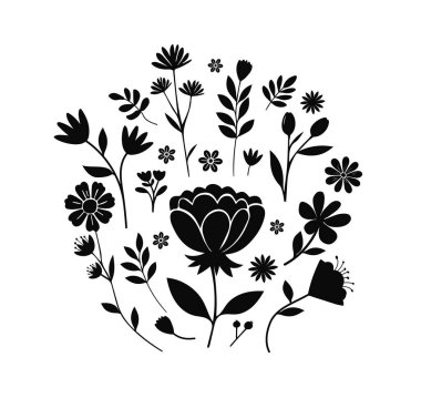 Siluet çiçeği. El çizimi çiçek. Tatlı bahar çiçekleri ve yaprakları.
