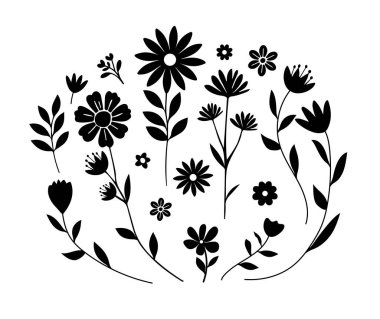 Siluet çiçeği. El çizimi çiçek. Tatlı bahar çiçekleri ve yaprakları. Çiçek..