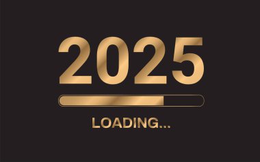 Mutlu yıllar. 2025 yükleniyor. Siyah arkaplanda 2025 altın numarası izole edildi.