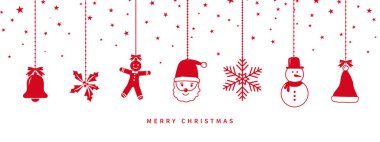 Noel ikonu kar taneleri yıldızları ve hediye kutusuyla Noel süsü asmak. Xmas pankartı.