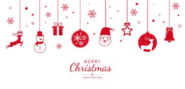 Noel ikonu kar taneleri yıldızları ve hediye kutusuyla Noel süsü asmak. Xmas pankartı.