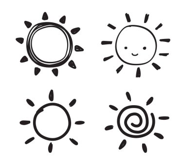 El yapımı güneş. Güneş ikonu. Çizen çocuklar. Güneş simgesi. Hava durumu. Vektör