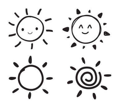 Güneş gülümseme ikonu seti. Mutlu gülümseyen güneş. Sevimli güneş. Günışığı emojisi. Komik duygu. Vektör