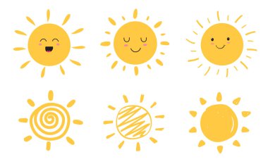 Güneş gülümseme ikonu seti. Mutlu gülümseyen güneş. Sevimli güneş. Günışığı emojisi. Komik duygu. Vektör