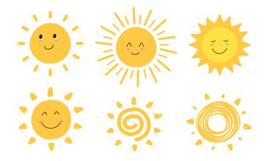Güneş gülümseme ikonu seti. Mutlu gülümseyen güneş. Sevimli güneş. Günışığı emojisi. Komik duygu. Vektör