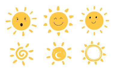 Güneş gülümseme ikonu seti. Mutlu gülümseyen güneş. Sevimli güneş. Günışığı emojisi. Komik duygu. Vektör