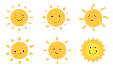 Güneş gülümseme ikonu seti. Mutlu gülümseyen güneş. Sevimli güneş. Günışığı emojisi. Komik duygu. Vektör