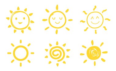 Güneş gülümseme ikonu seti. Mutlu gülümseyen güneş. Sevimli güneş. Günışığı emojisi. Komik duygu. Vektör