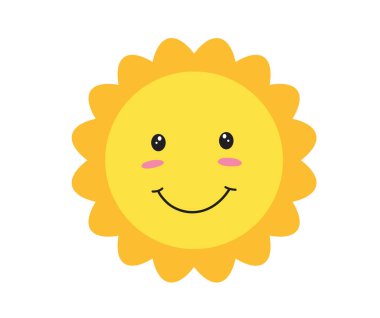 Güneş gülüşü ikonu. Mutlu gülümseyen güneş. Sevimli güneş. Günışığı emojisi. Komik duygu.