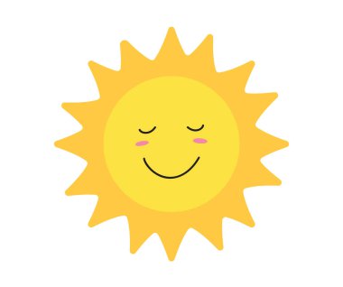 Güneş gülüşü ikonu. Mutlu gülümseyen güneş. Sevimli güneş. Günışığı emojisi. Komik duygu.