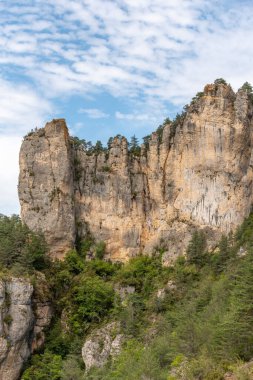 Tarn Vadisi 'nin yukarısındaki Causse Mejean' da yürüyüş parkurunda büyük bir uçurum görüldü. La bourgarie, Lozere, Fransa.