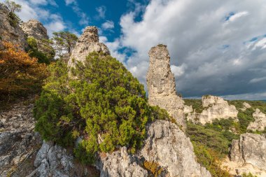 Rocky peak in the Chaos site of Montpellier in the Cevenes. Milllau, France.