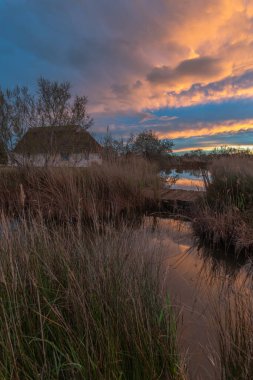 Gün batımında Gardian 'ın kulübesinde. Saintes Maries de la Mer, Parc naturel regional de Camargue, Arles, Bouches du Rhone, Provence Alpes Cote d 'Azur, Fransa.
