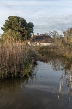 Gün batımında Gardian 'ın kulübesinde. Saintes Maries de la Mer, Parc naturel regional de Camargue, Arles, Bouches du Rhone, Provence Alpes Cote d 'Azur, Fransa.