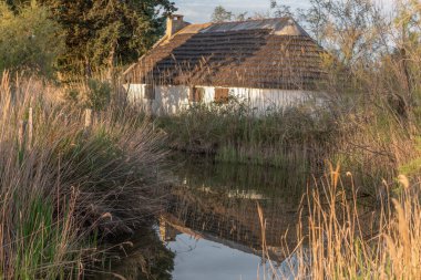 Gün batımında Gardian 'ın kulübesinde. Saintes Maries de la Mer, Parc naturel regional de Camargue, Arles, Bouches du Rhone, Provence Alpes Cote d 'Azur, Fransa.